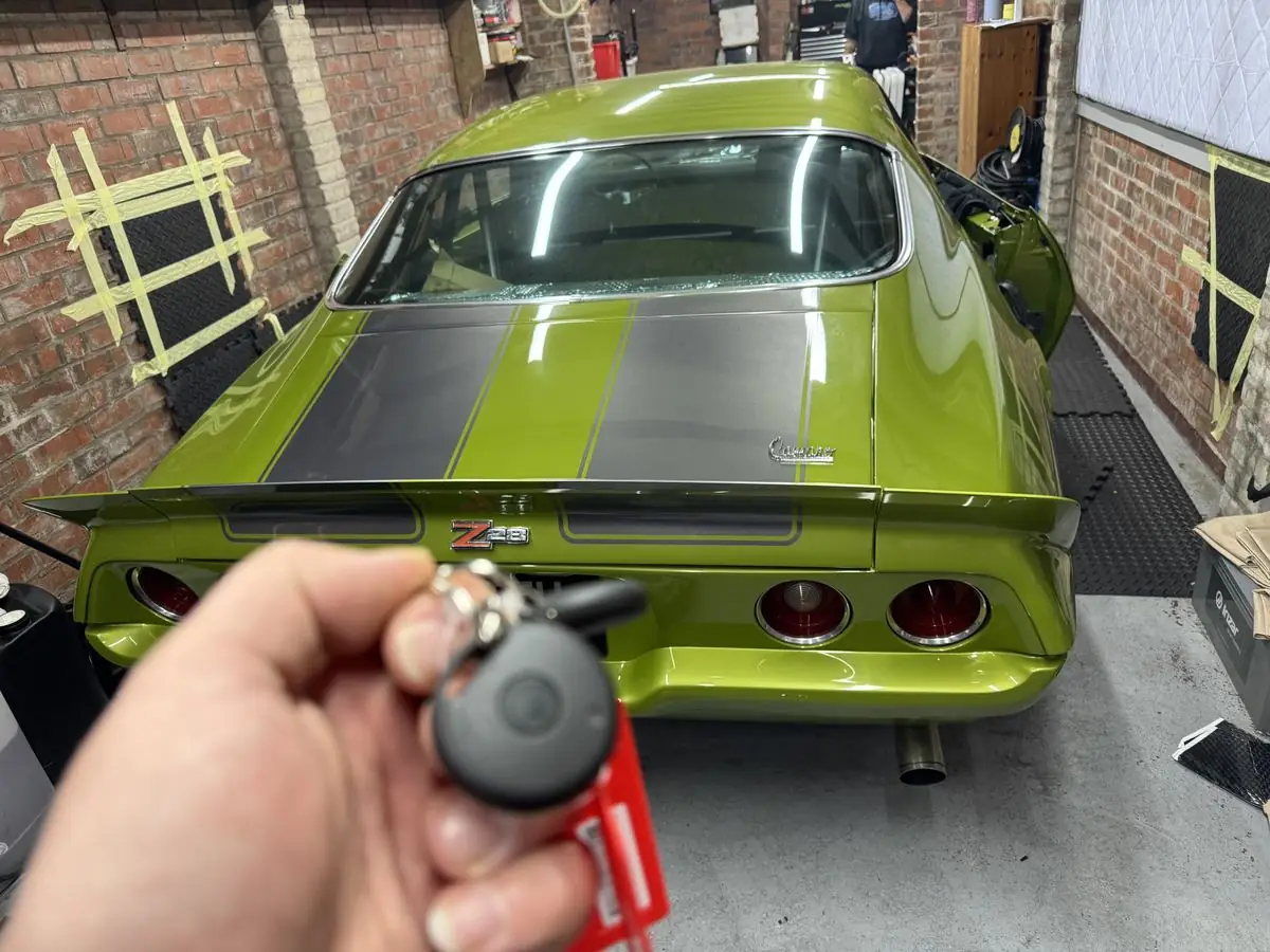 Classic Chevrolet Camaro Z28 with security fitted in the workshop